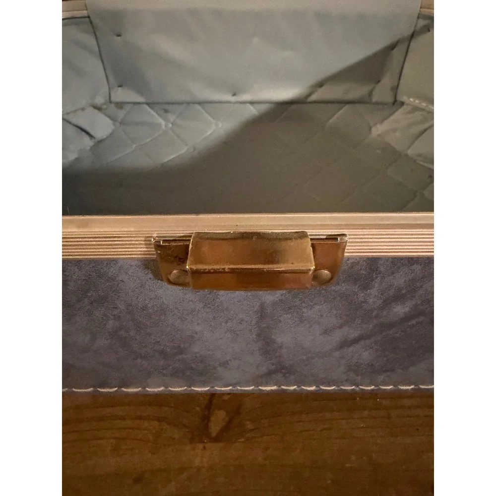 Vintage Blue Faux Leather Train Case Vanity Makeup‎ Travel Bag with Mirror